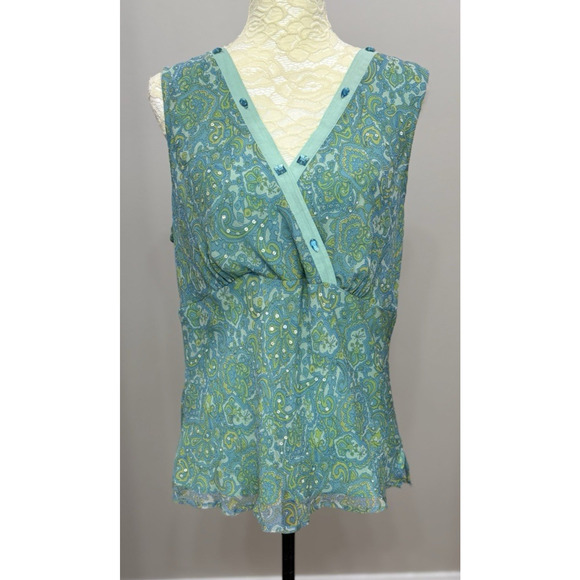Vtg XL Blue Green‎ Floral Silk Top Cami V Neck Beaded Fairycore Whimsy Romantic - Picture 1 of 10